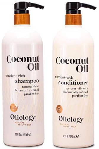 Oliology Nutrient Rich Coconut Oil Shampoo & Conditioner Combo Pack - Helps Restore Damaged Hair Provides Intense Shine Moisturizing & Paraben Free (32oz)