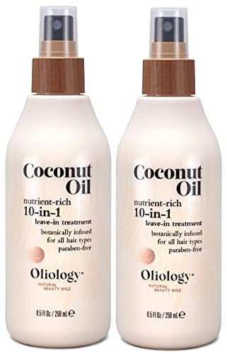 Oliology Coconut Oil 10-in-1 Multipurpose Spray - Leave in Treatment for All Hair Types Detangles, Controls Frizz, Hydrates & Moisturizes & Paraben Free (8.5 oz, 2 Pack)